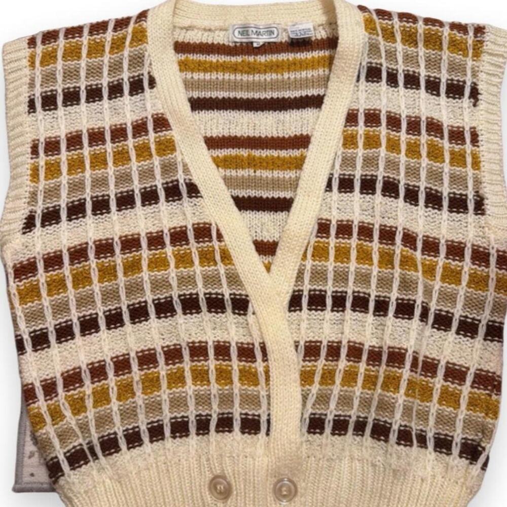 Neil Martin Sweater Vest Medium Brown Cream Plaid Button Front